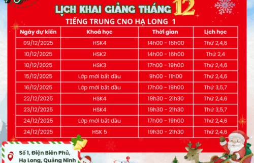 LỊCH KHAI GIẢNG THÁNG 12 – TIẾNG TRUNG CNO